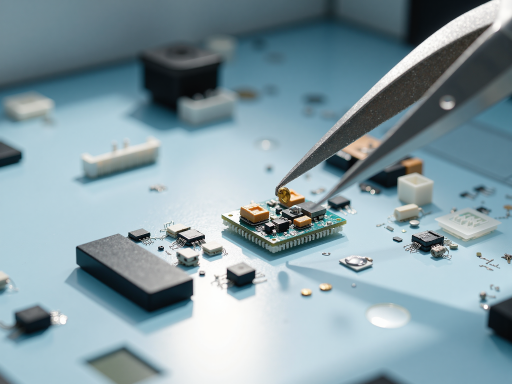 现代化电子仪器生产车间，工人正在组装精密半导体测试设备，蓝色工业背景，明亮自然光