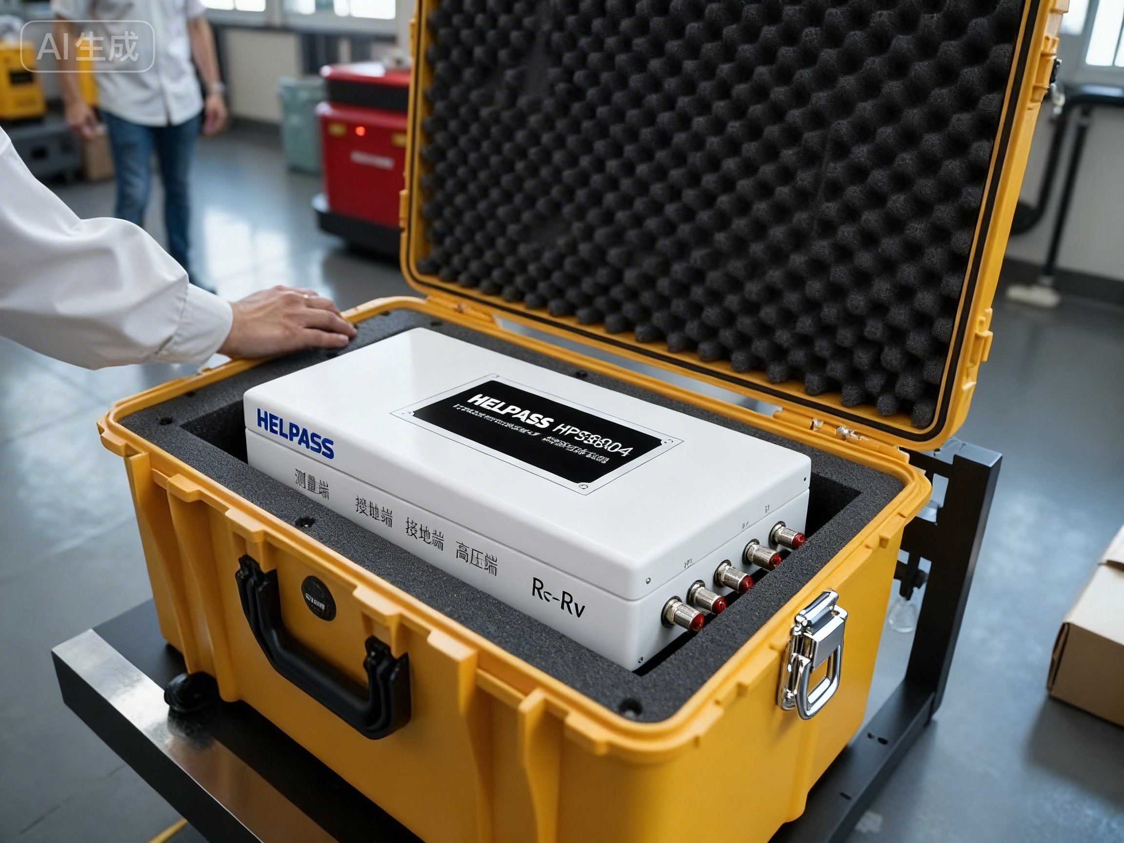 绝缘表面体积电阻率测试仪正面图，黑色塑料外壳，高压测试端子，安全防护罩，工业环境