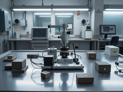 粉末电阻率测试仪正面图，不锈钢外壳，压力传感器，样品仓门，实验室设备背景