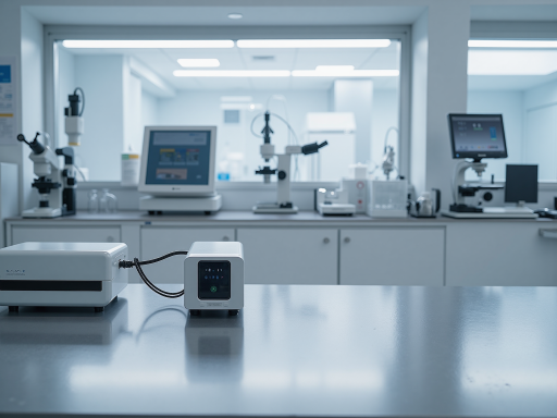 电导率测试仪正面图，银灰色金属外壳，彩色触摸屏，精密传感器接口，工业背景